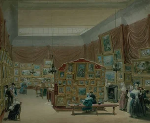 Innenraum der Galerie der New Society of Painters in Watercolour, Old Bond Street, 1834